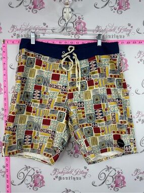Brixton shorts Multicolor Geometric Patchwork Swim Shorts with Navy Waistband